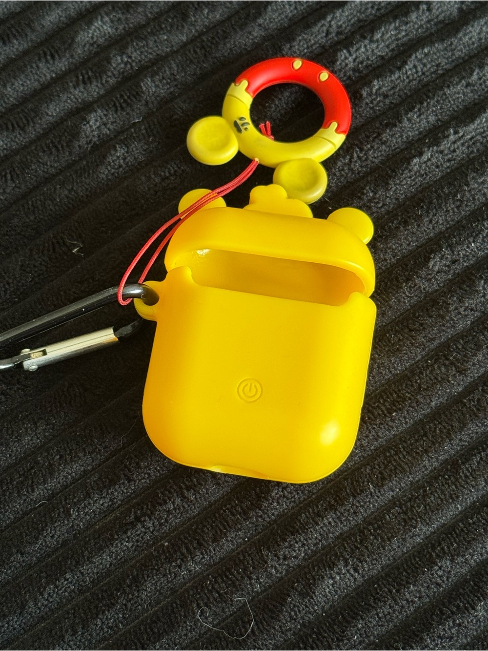 Yellow Winnie the Pooh Silicone AirPods Case with Red Ring Charm Gen 1+2 - Picture 6 of 6